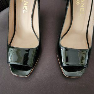 Chanel patent leather open toe pumps